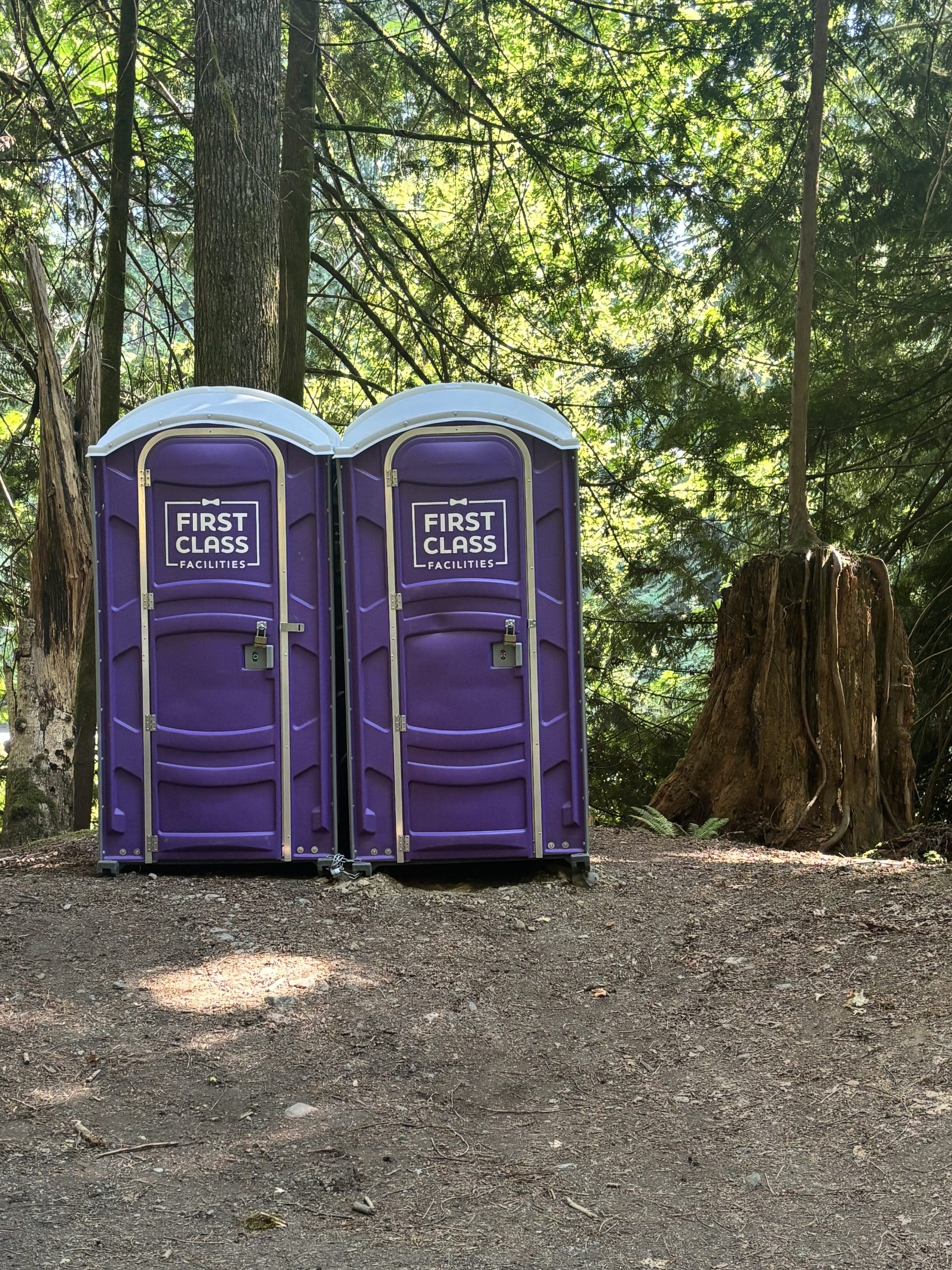 First Class Facilities portable toilets at a remote worksite near Lake Cowichan, BC